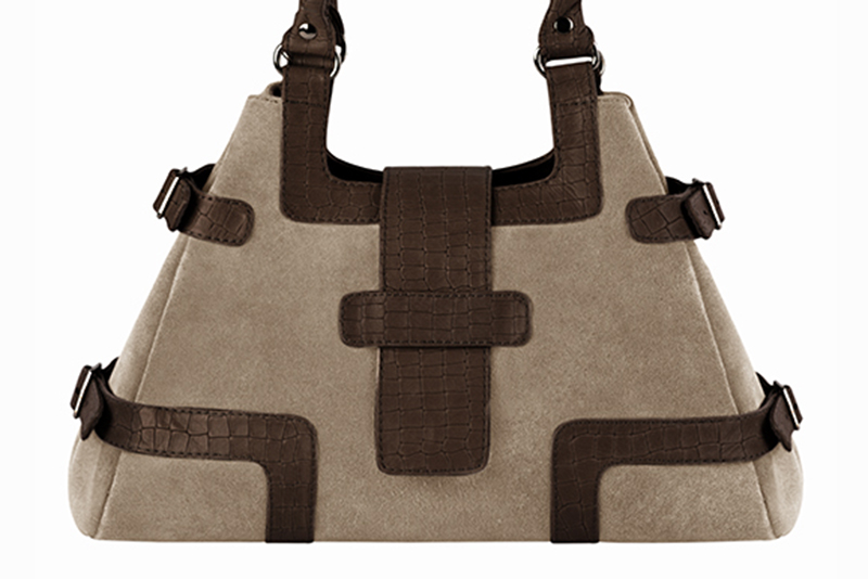 Dress handbag in tan beige and dark brown leather - Profile view